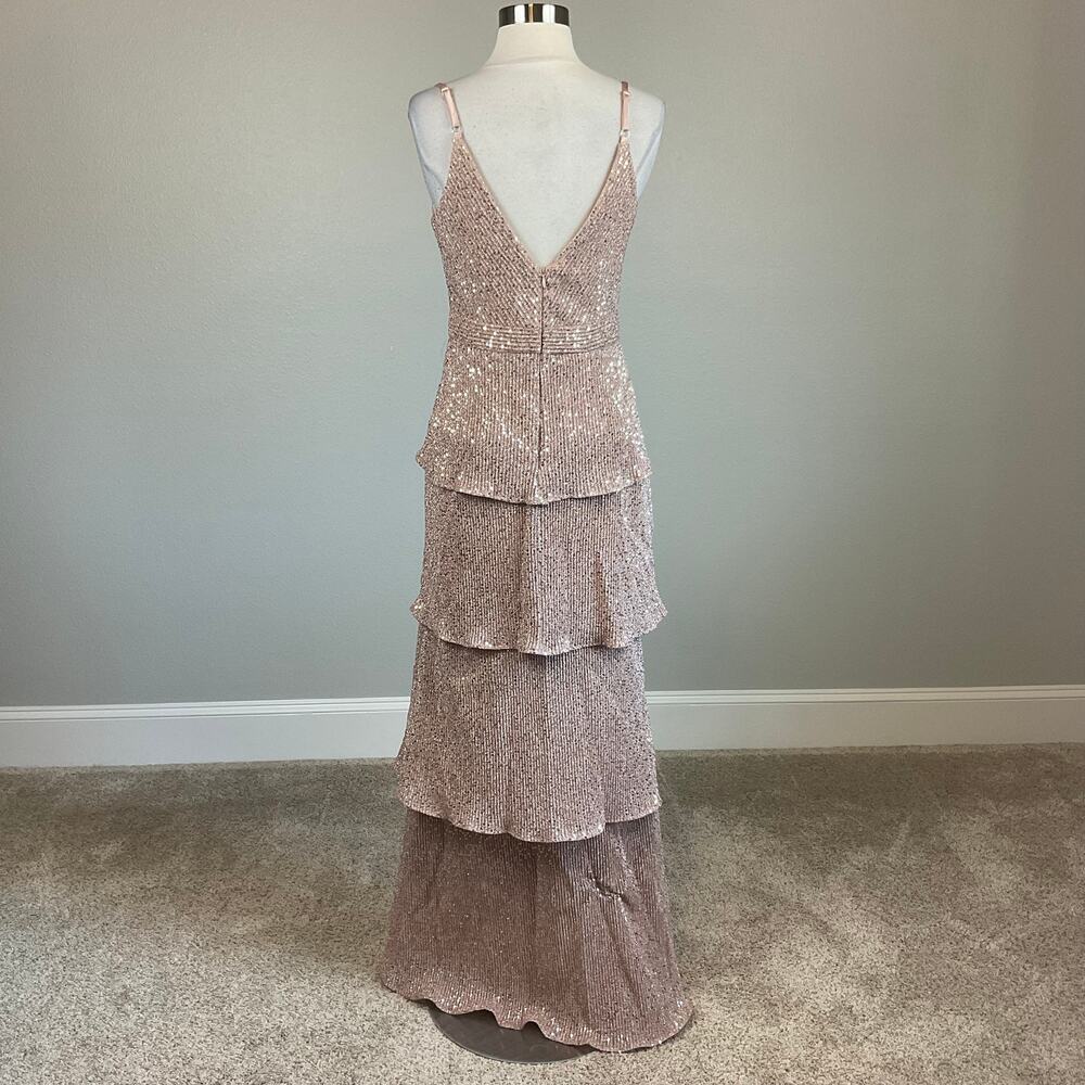 AQUA Rose Gold Pink Evening Gown Sequined Tiered Ruffle A-Line Dress Size 4 - Picture 3 of 11